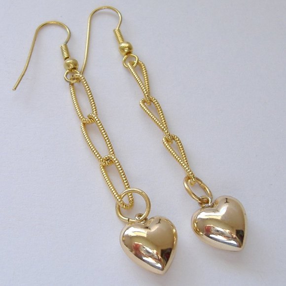 Heart Rhinestone Long Handmade Earrings Gold Metal Chain Aqua Blue Pierced Hook - Picture 6 of 6